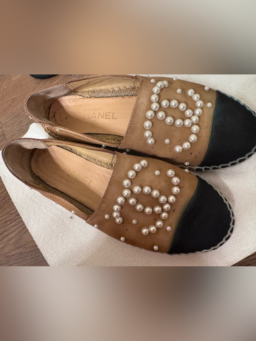 AUTHENTIC CHANEL Tan Suede Pearl-Embellished Flats